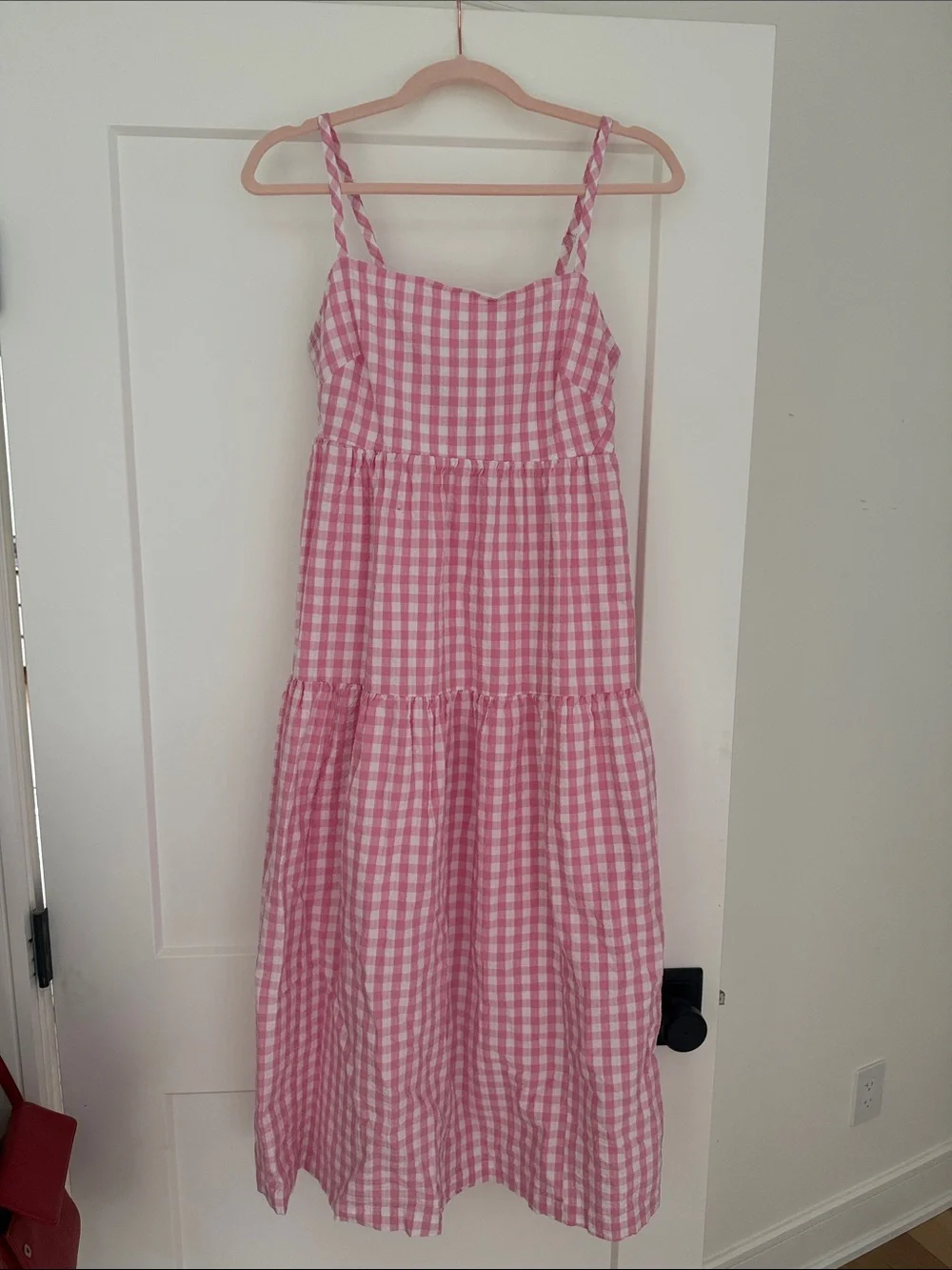 JCrew Pink Gingham Bow-Back Midi Dress with pockets and adjustable straps - Picture 2 of 6